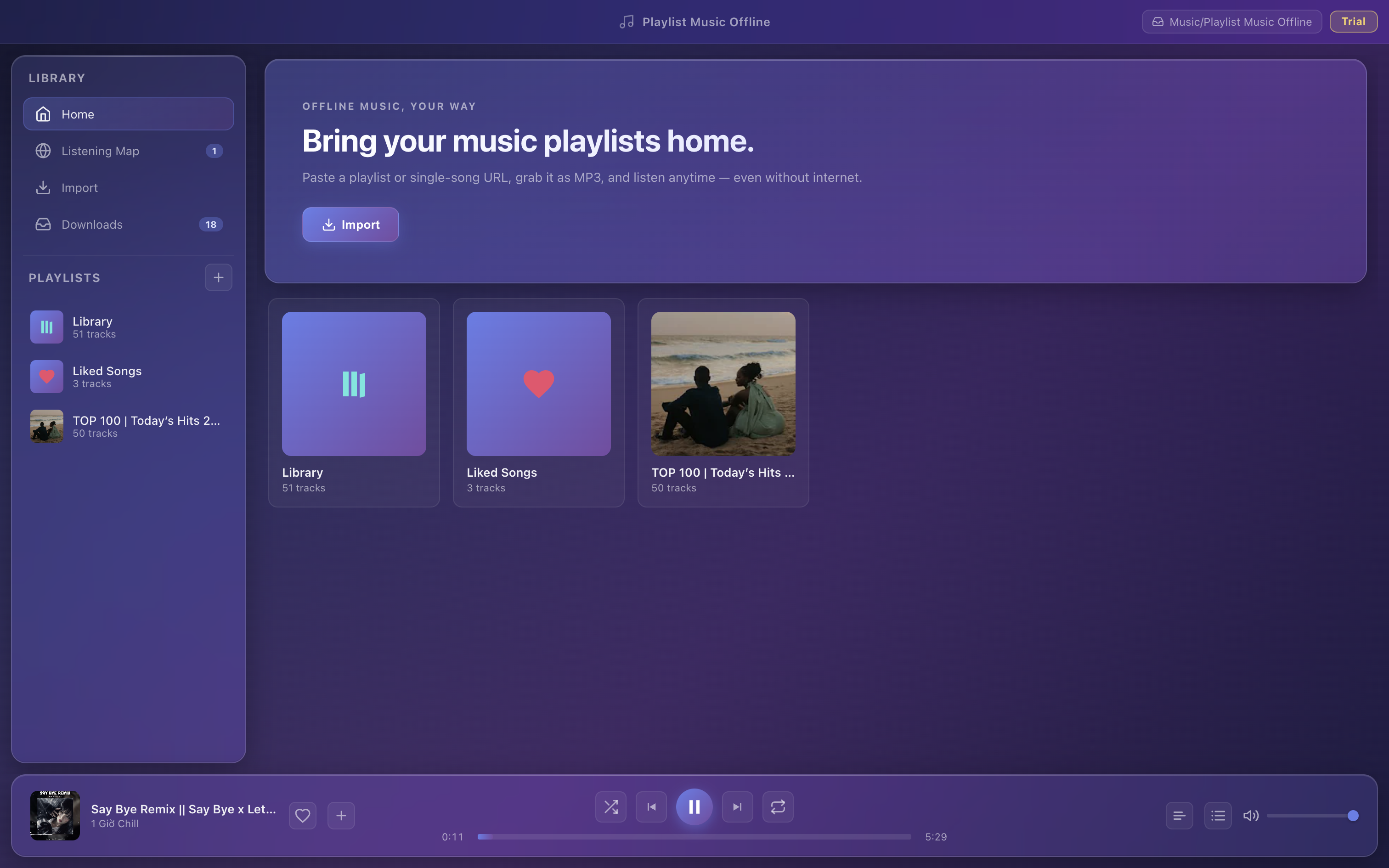 Home with playlists, artwork, and track playing in the bar
